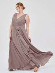 Col en V Mousseline Robe Demoiselle d'honneur avec Jupe Cascade Dusk