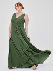 Col en V Mousseline Robe Demoiselle d'honneur avec Jupe Cascade Olive Verte Grande Taille