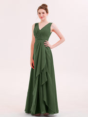 Col en V Mousseline Robe Demoiselle d'honneur avec Jupe Cascade Olive Verte