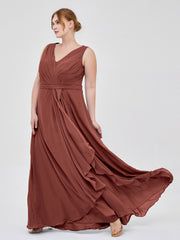 Col en V Mousseline Robe Demoiselle d'honneur avec Jupe Cascade terracotta Grande Taille