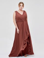 Col en V Mousseline Robe Demoiselle d'honneur avec Jupe Cascade terracotta Grande Taille