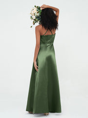 Bretelles Spaghetti Corsage Plissé Robes en Satin Olive Verte