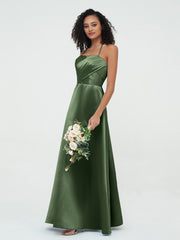 Bretelles Spaghetti Corsage Plissé Robes en Satin Olive Verte Grande Taille