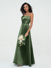 Bretelles Spaghetti Corsage Plissé Robes en Satin Olive Verte