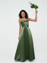 Bretelles Spaghetti Corsage Plissé Robes en Satin Olive Verte Grande Taille