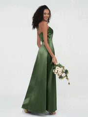 Bretelles Spaghetti Corsage Plissé Robes en Satin Olive Verte Grande Taille