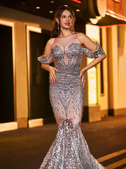 Robe de Soirée Sirène Scintillante Recouverte de Strass Argent