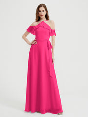 Y-Col Flotter Manches Longues Robes De Demoiselle d'Honneur Fuchsia