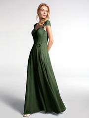 Robe avec Corsage en Dentelle Jupe en Mousseline à Mancherons Olive Verte