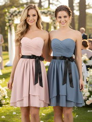 Col en Cœur Robe Courte avec Ceinture Noire Rose Poudré