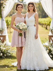 Col en Cœur Robe Courte avec Ceinture Noire Rose Poudré