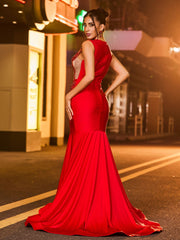 Robe de Bal Sirène Scintillante Incrustée de Strass Luisants Bordeaux