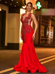 Robe de Bal Sirène Scintillante Incrustée de Strass Luisants Bordeaux