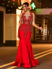 Robe de Bal Sirène Scintillante Incrustée de Strass Luisants Bordeaux