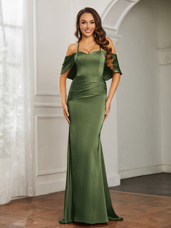 Robe de Bal Sirène en Satin à Décolleté en Cœur Olive Verte