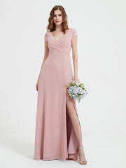 Robe de A-ligne en Mousseline à Col en V avec Fente Rose Poudré