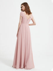Robe de A-ligne en Mousseline à Col en V avec Fente Rose Poudré Grande Taille