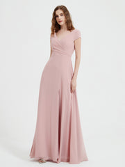 Robe de A-ligne en Mousseline à Col en V avec Fente Rose Poudré