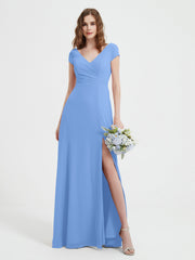 Robe de A-ligne en Mousseline à Col en V avec Fente Bleu
