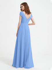 Robe de A-ligne en Mousseline à Col en V avec Fente Bleu Grande Taille