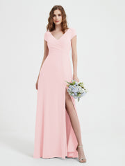 Robe de A-ligne en Mousseline à Col en V avec Fente Rose Pâle