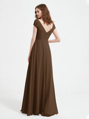 Robe de A-ligne en Mousseline à Col en V avec Fente Brun Grande Taille
