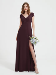 Robe de A-ligne en Mousseline à Col en V avec Fente Cabernet