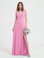 Robe de A-ligne en Mousseline à Col en V avec Fente Rose Bonbon Grande Taille