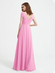 Robe de A-ligne en Mousseline à Col en V avec Fente Rose Bonbon Grande Taille
