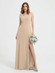 Robe de A-ligne en Mousseline à Col en V avec Fente Champagne