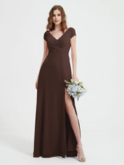 Robe de A-ligne en Mousseline à Col en V avec Fente Chocolat Grande Taille