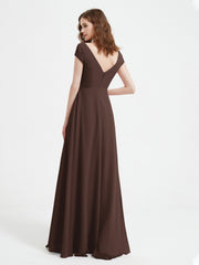Robe de A-ligne en Mousseline à Col en V avec Fente Chocolat Grande Taille