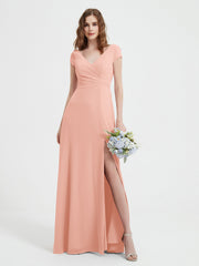 Robe de A-ligne en Mousseline à Col en V avec Fente Corail
