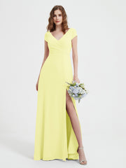 Robe de A-ligne en Mousseline à Col en V avec Fente Jonquille