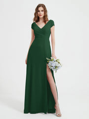 Robe de A-ligne en Mousseline à Col en V avec Fente Vert Foncé