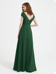 Robe de A-ligne en Mousseline à Col en V avec Fente Vert Foncé
