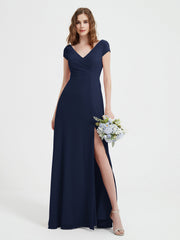 Robe de A-ligne en Mousseline à Col en V avec Fente Bleu Marine