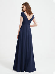 Robe de A-ligne en Mousseline à Col en V avec Fente Bleu Marine Grande Taille