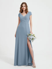 Robe de A-ligne en Mousseline à Col en V avec Fente Bleu Poudré