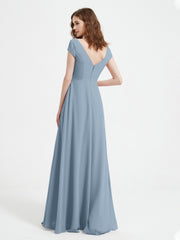 Robe de A-ligne en Mousseline à Col en V avec Fente Bleu Poudré Grande Taille