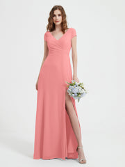Robe de A-ligne en Mousseline à Col en V avec Fente Flamant Grande Taille