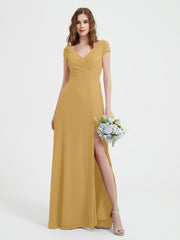 Robe de A-ligne en Mousseline à Col en V avec Fente Or
