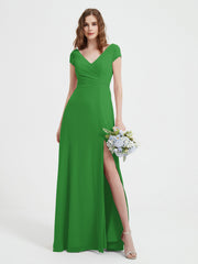 Robe de A-ligne en Mousseline à Col en V avec Fente Vert