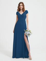 Robe de A-ligne en Mousseline à Col en V avec Fente Bleu Encre