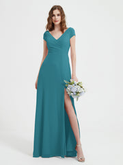 Robe de A-ligne en Mousseline à Col en V avec Fente Jade