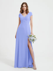 Robe de A-ligne en Mousseline à Col en V avec Fente Lavande Grande Taille