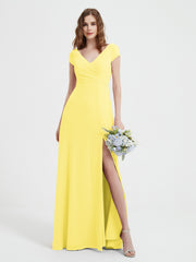 Robe de A-ligne en Mousseline à Col en V avec Fente Citron