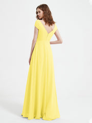 Robe de A-ligne en Mousseline à Col en V avec Fente Citron Grande Taille