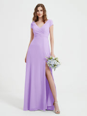 Robe de A-ligne en Mousseline à Col en V avec Fente Lilas Grande Taille