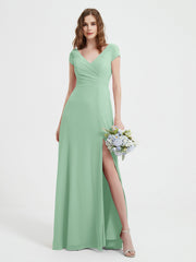 Robe de A-ligne en Mousseline à Col en V avec Fente Vert Menthe Grande Taille